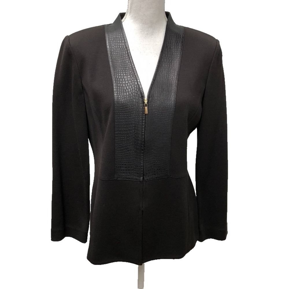 St John Wool Cardigan Sweater Jumper Womens 10 Brown Leather Trim Full Zip
